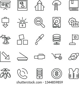 thin line vector icon set - zoom out vector, negative chart, cubes for children, e, building trolley, big data server, phone call, goji berry, financial report, pc tower, hdd, scanner, lan connector
