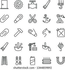 thin line vector icon set - scissors vector, clip, safety pin, open, iron fork spoons, tower crane, hook, winch, hand saw, arm, stepladder, ntrance door, gear, hammer, anchor, soda can, valve, luck