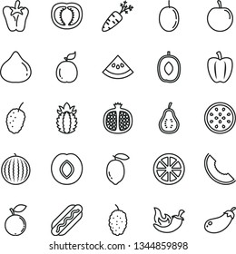 thin line vector icon set - Hot Dog vector, chili, peper, half pomegranate, plum, fig, blueberry, mulberry, tasty, water melon, slice of, delicious, passion fruit, lemon, juicy, guava, part, tomato