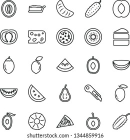 thin line vector icon set - stationery knife vector, piece of cheese, pizza, cake, slice, cucumber, orange, half mango, delicious plum, peach, melon, water, tangerine, cherry, lemon, kiwi, tamarillo