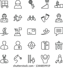 thin line vector icon set - image of thought vector, cargo trolley, footprints, builder, pass card, folded shirt, racer, gas welding, woman, man in sight, conversation, scientist, arrow up, winner