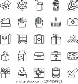 thin line vector icon set - cargo trolley vector, grocery basket, first aid kit, bag of a paramedic, medical, packing juice with straw, put in box, drawer, handles, gift, package, unpacking, tin