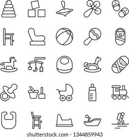 thin line vector icon set - toys over the cradle vector, dummy, feeding bottle, bib, baby, beanbag, rattle, chair, stroller, bath ball, children's bathroom, stacking rings, roly poly doll, tumbler