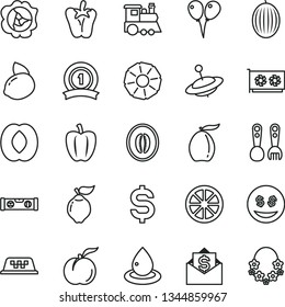 thin line vector icon set - plastic fork spoons vector, children's train, yule, colored air balloons, building level, peper, ripe peach, squash, quince, melon, loquat, half, yellow lemon, juicy