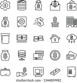 thin line vector icon set - dollar vector, buildings, big data server, strongbox, cards, jam, column of coins, get a wage, purse, money, dollars, cash, gold bar, rain, mortgage, bag, gear, wallet