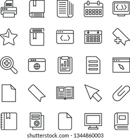 thin line vector icon set - monitor window vector, add bookmark, clean sheet of paper, zoom, book, e, star, notebook, clip, statistical report, scientific publication, calendar, wall, newspaper