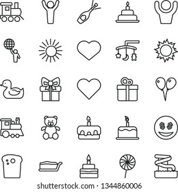 thin line vector icon set - heart symbol vector, toys over the cradle, rubber duck, teddy bear, baby toy train, children's, colored air balloons, birthday cake, gift, Easter, slice, torte, lollipop