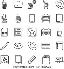 thin line vector icon set - tassel vector, desktop microphone, bank card, rss feed, toy phone, mobile, a chair for feeding child, concrete mixer, smartphone, nightstand, call, piece of meat, jam, sd