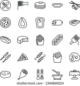 thin line vector icon set - plates and spoons vector, iron fork, sausage, stick of, cheese, pizza, piece, Hot Dog, mini, spaghetti, noodles, grill chicken leg, chop, barbecue, meat on skewers, cafe