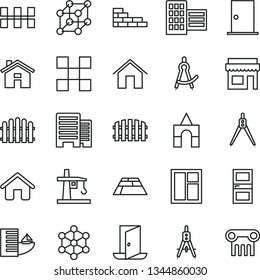thin line vector icon set - house vector, box of bricks, brick wall, window, ntrance door, interroom, buildings, city block, tile, ceramic tiles, fence, hedge, paving slab, home, tower crane, exit