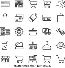 thin line vector icon set - paper bag vector, grocery basket, bank card, dollar, e, city block, cart, crossed, cards, kiosk, hanger, label, stall, shopping, reverse side of a, Express delivery