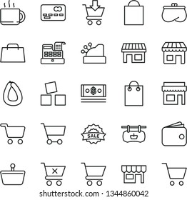 thin line vector icon set - paper bag vector, cubes for children, cart, put in, crossed, kiosk, stick of sausage, cup tea, stall, shopping, basket, antique advertising signboard, front the bank card