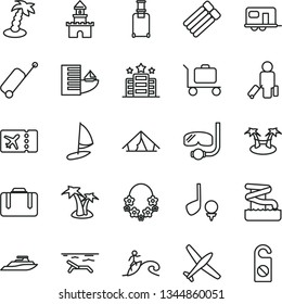 thin line vector icon set - sand castle vector, plane, camper, passenger, suitcase, rolling, ticket, case, hotel, tent, beach, palm tree, hawaii wreath, aquapark, diving mask, surfing, baggage, golf