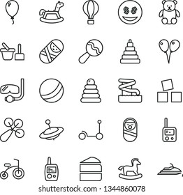 thin line vector icon set - beanbag vector, baby rattle, bath ball, stacking rings, toy, roly poly doll, tumbler, phone, mobile, sand set, small teddy bear, yule, rocking horse, cubes for children