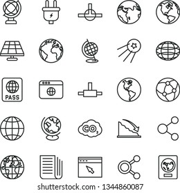 thin line vector icon set - sign of the planet vector, globe, earth, passport, solar panel, plug, carbon dyoxide, connection, connections, recession, newspaper, network, browser, connect