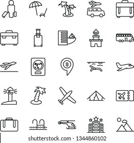 thin line vector icon set - suitcase vector, case, coastal lighthouse, sand castle, helicopter, dollar pin, plane, bus, passenger, rolling, passport, ticket, departure, hotel, tent, beach, palm tree