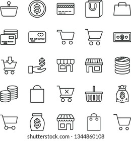 thin line vector icon set - paper bag vector, grocery basket, bank card, cart, put in, crossed, with handles, cards, kiosk, coins, stall, shopping, front of the, column, dollar, get a wage, money