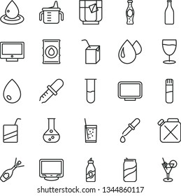 thin line vector icon set - measuring cup for feeding vector, e, packing of juice with a straw, drop, screen, glass soda, tea, can, bottle, liquor, flask, oil, canister, monitor, test tube, pipette