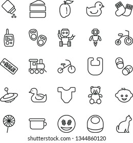 thin line vector icon set - baby powder vector, bib, Child T shirt, rubber duck, duckling, warm socks, toy mobile phone, children's potty, teddy bear, hairdo, train, yule, bicycle, tricycle, robot