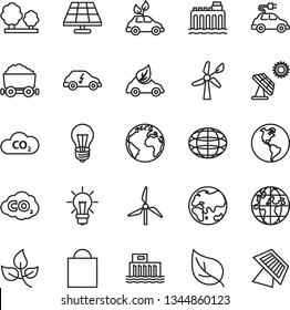 thin line vector icon set - sign of the planet vector, paper bag, solar panel, big, leaves, leaf, windmill, wind energy, Earth, bulb, hydroelectric station, hydroelectricity, trees, eco car, CO2