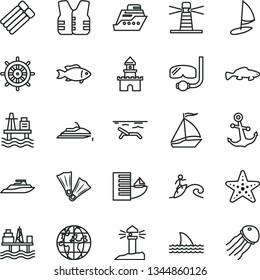 thin line vector icon set - anchor vector, small fish, sea port, commercial seaport, lighthouse, coastal, planet, sand castle, sail boat, hotel, beach, starfish, flippers, diving mask, surfing