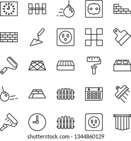 thin line vector icon set - paint roller vector, brickwork, brick wall, big core, building trowel, new, power socket type b, f, tile, ceramic tiles, block, putty knife, spatula, fence, hedge, clock