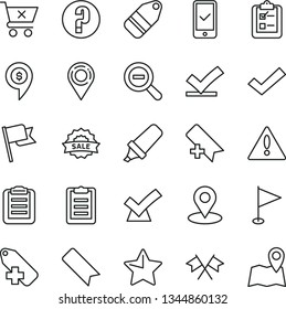 thin line vector icon set - warning vector, add bookmark, zoom out, check mark, label, pennant, question, star, flag, crossed cart, survey, location, geolocation, text highlighter, sale, clipboard