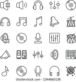 thin line vector icon set - bell vector, horn, loudspeaker, silent mode, drumroll, drum, headphones, microphone, music, CD, regulator, volume, no sound, pc speaker, note, settings, disco ball