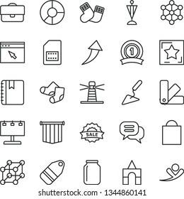 thin line vector icon set - paper bag vector, warm socks, Knitted, box of bricks, building trowel, color samples, notebook, label, SIM card, jar, lighthouse, billboard with illumination, portfolio