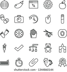 thin line vector icon set - check mark vector, toys over the cradle, teddy bear, children's tracks, box of bricks, child shoes, gear, camera, timer, clip, fried potato slices, Chinese chopsticks