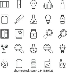 thin line vector icon set - matte light bulb vector, magnifier, zoom out, measuring cup for feeding, mercury thermometer, e, window, frame, interroom door, a glass of tea, cocktail, jam, jar, bottle