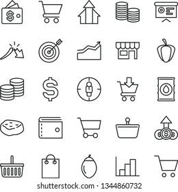 thin line vector icon set - grocery basket vector, purse, negative histogram, cart, put in, kiosk, coins, piece of meat, tamarillo, ripe pepper, oil, shopping, goal woman, a crisis, bag, arrow graph