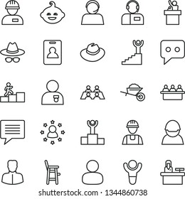 thin line vector icon set - image of thought vector, hat, with glasses, a chair for feeding child, funny hairdo, builder, workman, garden trolley, operator, racer, court hearing, woman, man, think