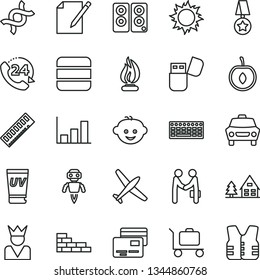 thin line vector icon set - children's hairdo vector, brick wall, car, notes, cards, 24, half cherry, keyboard, memory, usb flash, pc speaker, big data, dna, flame, growth graph, robot, star medal