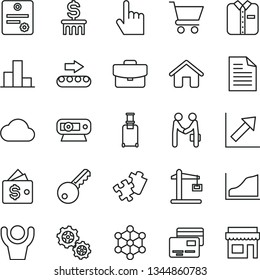 Thin Line Vector Icon Set - Scribbled Paper Vector, Bar Chart, Growth, Puzzle, House, Index Finger, Suitcase, Cart, Cards, Folded Shirt, Gears, Production Conveyor, Construction Crane, Web Camera