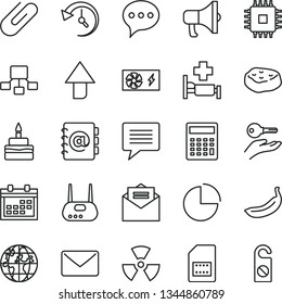 thin line vector icon set - image of thought vector, calendar, upward direction, calculator, pie chart, received letter, speech, address book, megaphone, clip, birthday cake, piece meat, banana, cpu