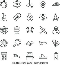 thin line vector icon set - calculator vector, flask, microscope, atom, zoom, bulb, bactery, scientist, drawing compass, sun panel, saturn, stopwatch, 3d cube, plane, baggage scanner, arrival, golf
