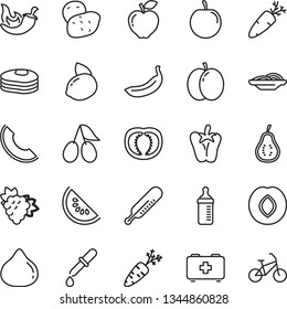 thin line vector icon set - measuring bottle for feeding vector, mercury thermometer, bag of a paramedic, slices onion, chili, peper, carrot, pancakes, apple, branch grape, red, plum, cornels, fig