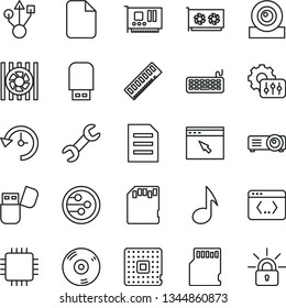 thin line vector icon set - processor vector, radiator fan, keyboard, cpu, memory, pc card, gpu, web camera, usb, cd, flash, network, browser, coding, projector, note, sd, repair, history, settings
