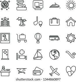 thin line vector icon set - earth vector, plane, bus, sail boat, air balloon, escalator, suitcase, atm, credit card, boungalow, beach, sun, palm tree, disco ball, aquapark, hospital bed, baggage