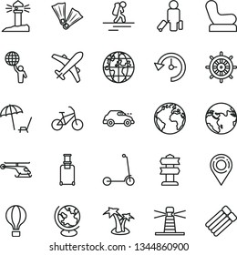 thin line vector icon set - sign of the planet vector, Baby chair, child Kick scooter, retro car, lighthouse, coastal, location, history, globe, man hold world, helicopter, earth, air balloon, bike