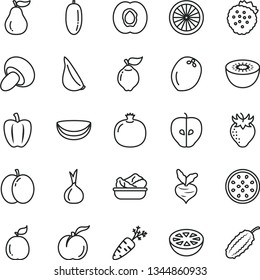 thin line vector icon set - porcini vector, lettuce in a plate, garlic, strawberries, ripe peach, apple, half apricot, pomegranate, quince, tasty, strawberry, date fruit, kiwi, of passion, orange