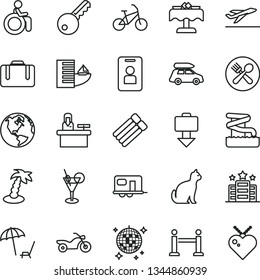 thin line vector icon set - earth vector, car baggage, camper, bike, motorcycle, rope barrier, suitcase, getting, departure, hotel, arnchair under umbrella, palm tree, cocktail, disco ball, aquapark