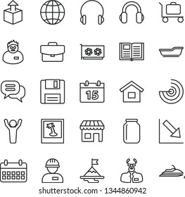 thin line vector icon set - negative chart vector, bath, dwelling, workman, calendar, book, headphones, earth, suitcase, unpacking, jar, kiosk, gpu card, floppy, scientist, radar, man hands up