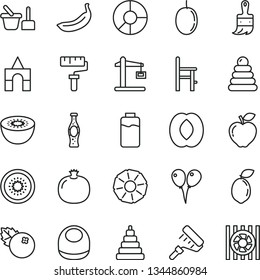 thin line vector icon set - paint roller vector, baby bib, stacking rings, toy, sand set, a chair for feeding, box of bricks, colored air balloons, wooden brush, bottle soda, blueberries, red apple