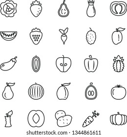 thin line vector icon set - strawberry vector, squash, tasty apple, raspberry, rose hip, mulberry, water melon, loquat, half peach, slice, ripe plum, sweet date fruit, pineapple, guava, part of