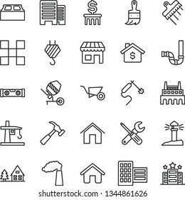 thin line vector icon set - house vector, hook, building trolley, concrete mixer, small tools, wooden paint brush, siphon, level, buildings, city block, tile, spatula, hammer with claw, home, kiosk