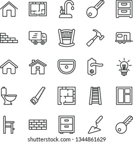 thin line vector icon set - house vector, bedside table, cradle, a chair for feeding, brickwork, brick wall, building trowel, window, arm saw, stepladder, sink, toilet, laying out, lay of flat, key