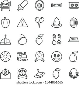 thin line vector icon set - warning vector, plastic fork spoons, children's train, yule, colored air balloons, concrete mixer, building level, quince, melon, loquat, half, lemon, yellow, Bell pepper