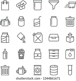 thin line vector icon set - bin vector, storage unit, mug for feeding, measuring cup, bottle, powder, baby, e, dust, drawer, package, unpacking, popcorn, of, jam, jar, oil, barrel, canister, filter